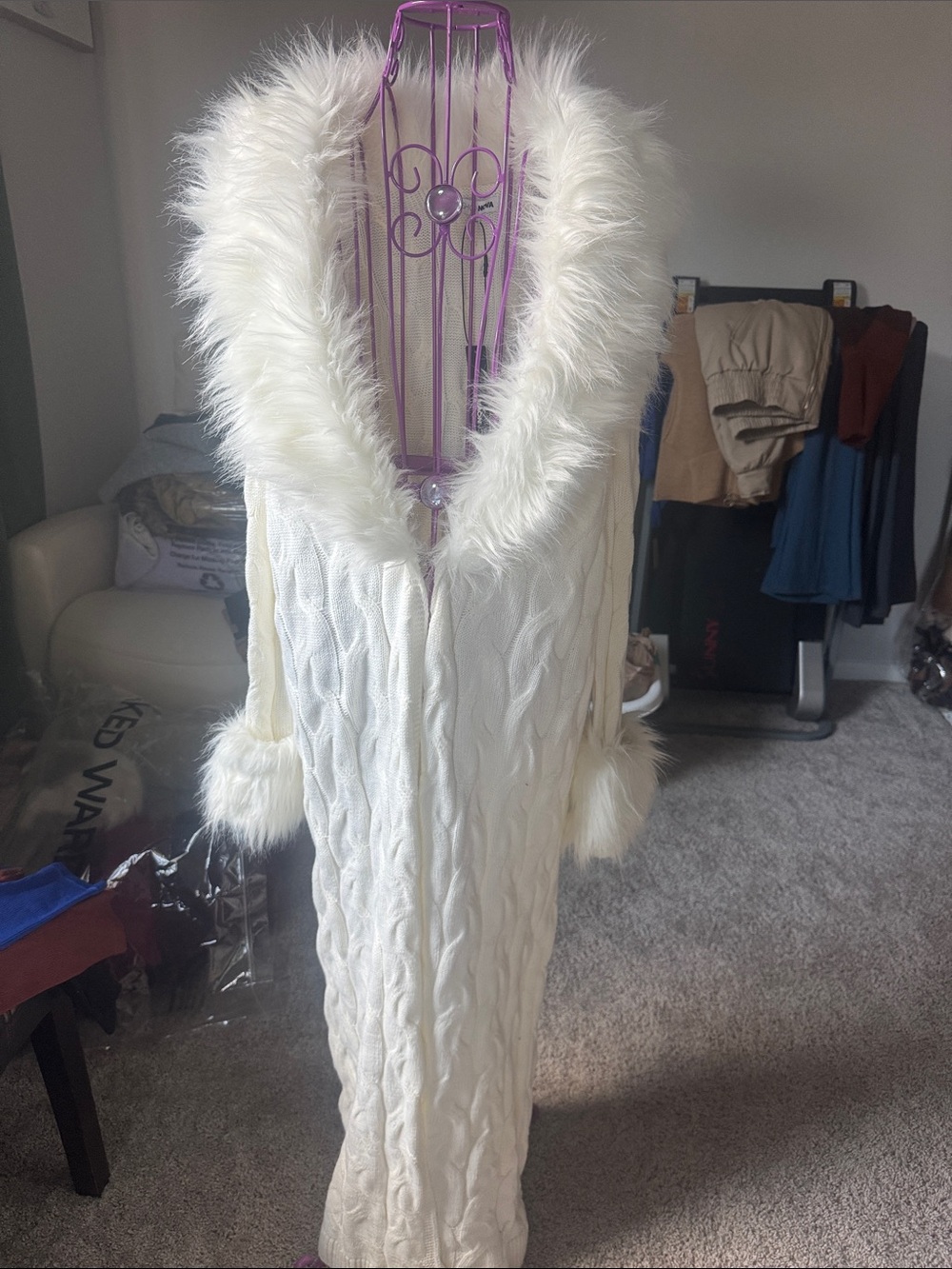Fashion Nova Women's Ivory Cable-Knit Faux-Fur Trim Hooded Robe